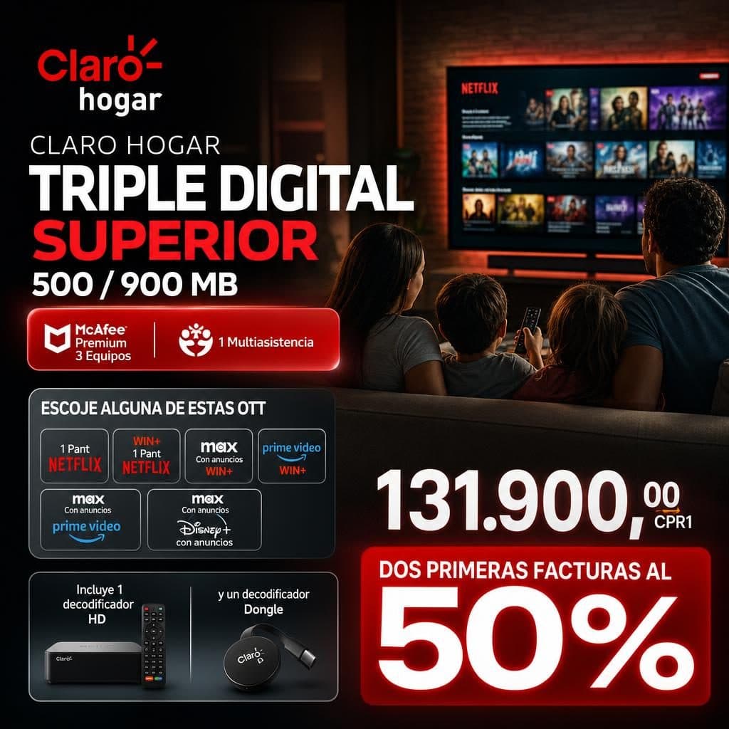 TRIPLE DIGITAL SUPERIOR 500 / 900 MB (McAfee Premium 3 Equipos y 1 Multiasistencia) + 2 Aplicaciones