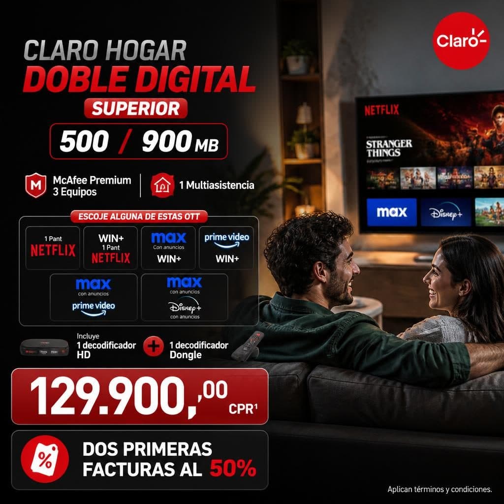 DOBLE DIGITAL SUPERIOR 500 / 900 MB (McAfee Premium 3 Equipos y 1 Multiasistencia)