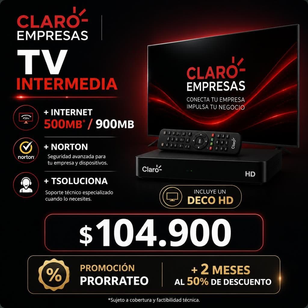 TV INTERMEDIA + INTERNET 500MB* / 900MB + NORTON + TSOLUCIONA (Incluye un Deco HD)