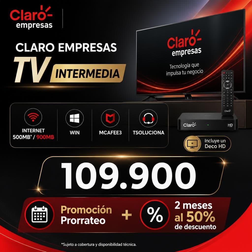 TV INTERMEDIA + INTERNET 500MB* / 900MB + WIN + MCAFEE3 + TSOLUCIONA (Incluye un Deco HD)