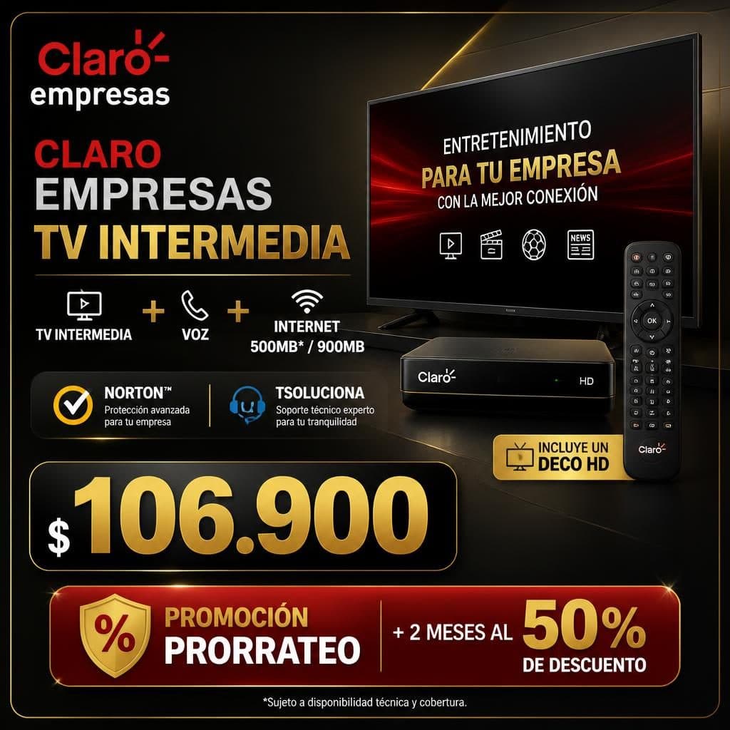 TV INTERMEDIA + VOZ + INTERNET 500MB* / 900MB + NORTON + TSOLUCIONA (Incluye un Deco HD)