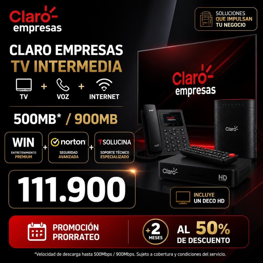 TV INTERMEDIA + VOZ + INTERNET 500MB* / 900MB + WIN + NORTON + TSOLUCINA (Incluye un Deco HD)
