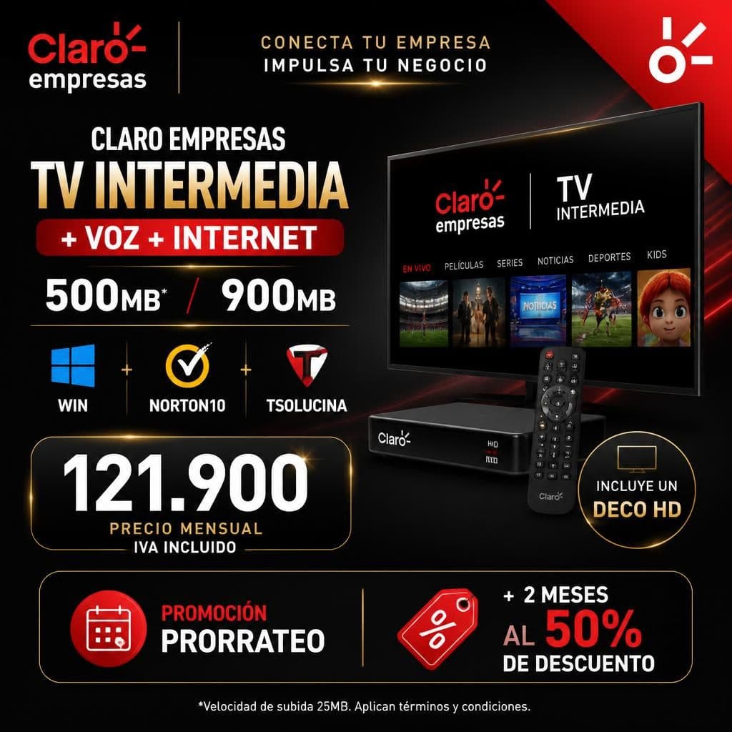 TV INTERMEDIA + VOZ + INTERNET 500MB* / 900MB + WIN + NORTON10 + TSOLUCINA (Incluye un Deco HD)