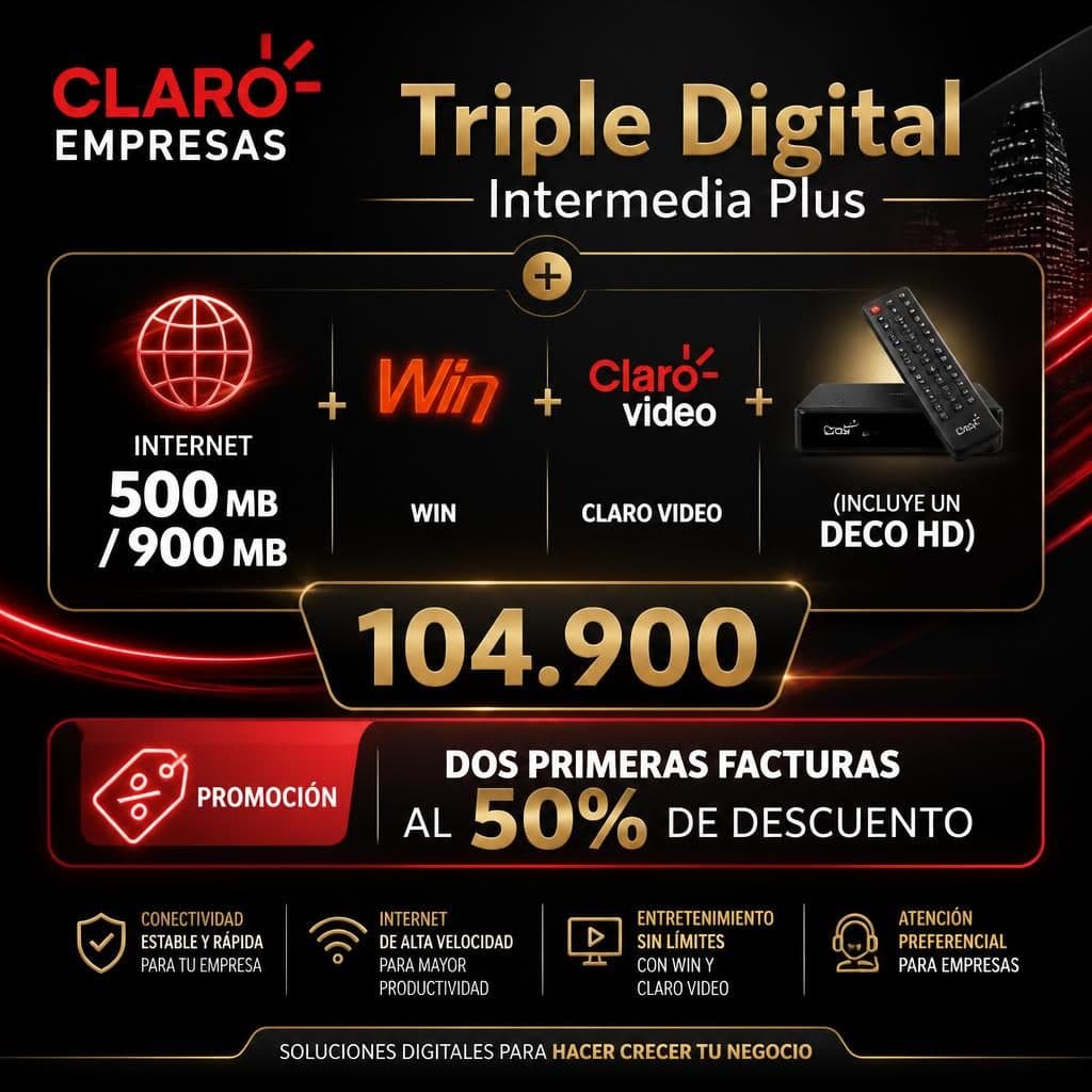Triple Digital Intermedia Plus + Internet 500 MB / 900 MB + Win + Claro Video (Incluye un Deco HD)