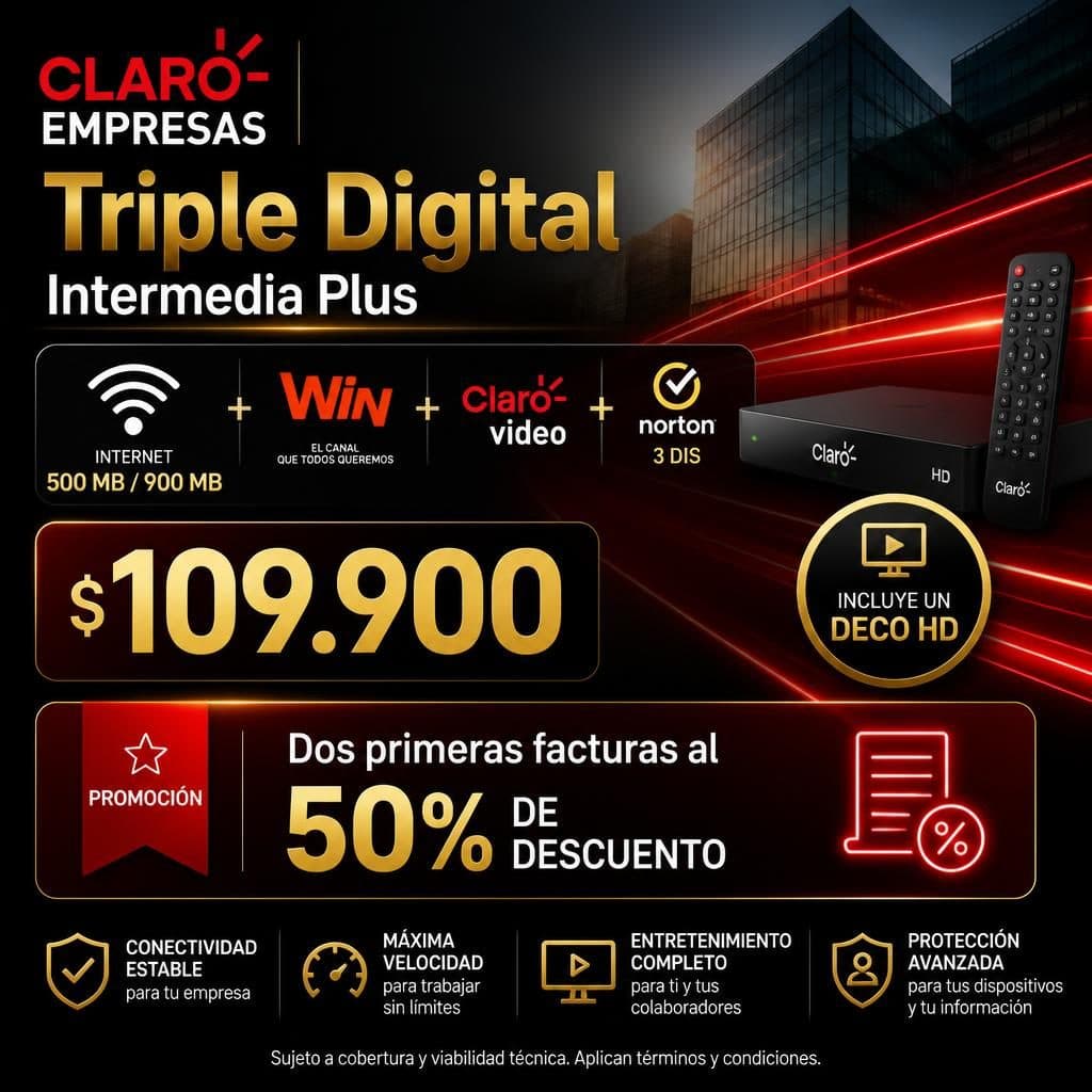 Triple Digital Intermedia Plus + Internet 500 MB / 900 MB + Win + Claro Video + Norton 3 Dis (Incluye un Deco HD)