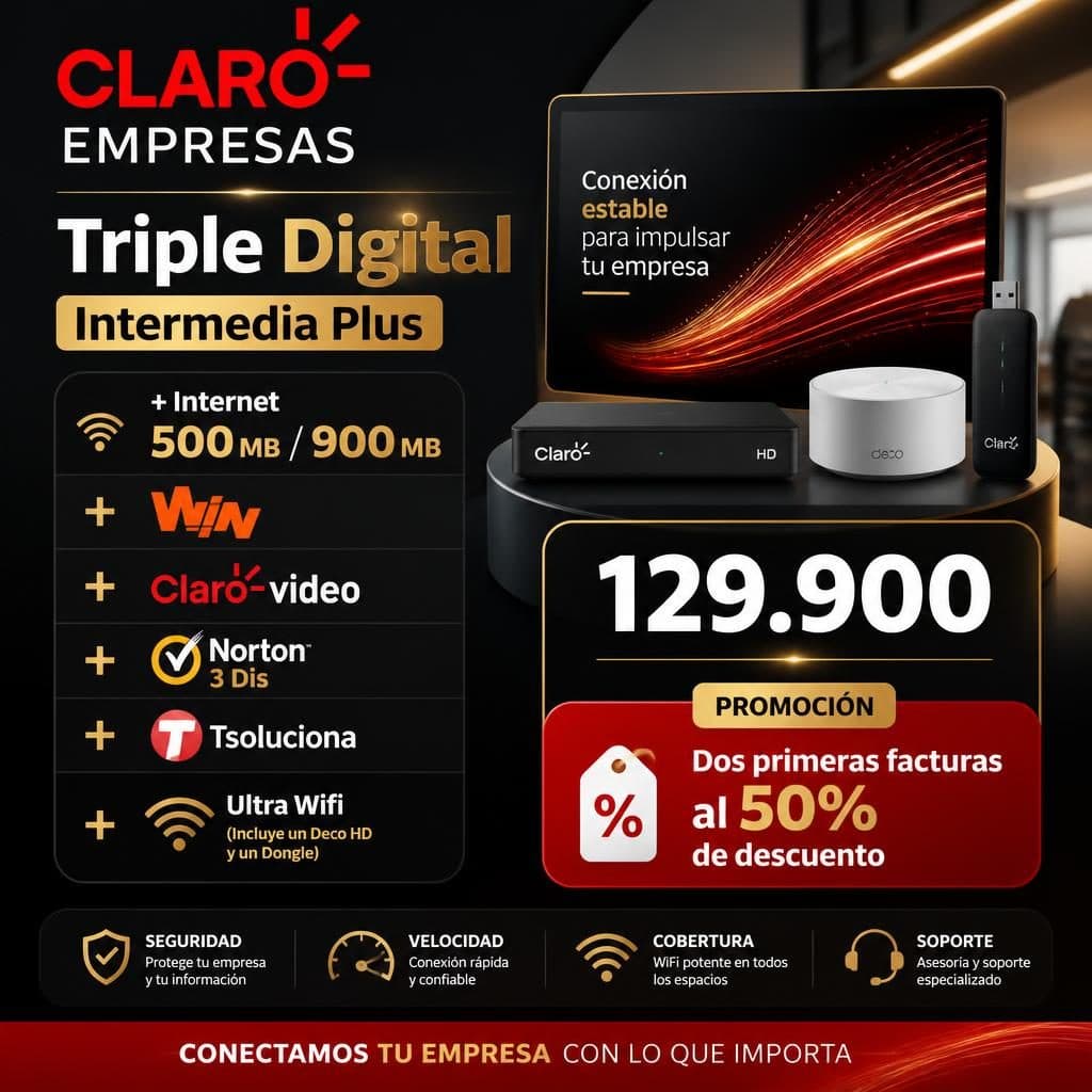 Triple Digital Intermedia Plus + Internet 500 MB / 900 MB + Win + Claro Video + Norton 3 Dis + Tsoluciona + Ultra Wifi (Incluye un Deco HD y un Dongle)